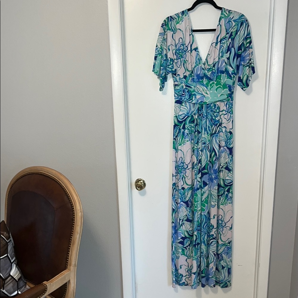 Lilly Pulitzer Elegant Blue and Green Flowy Floral Maxi Dress
